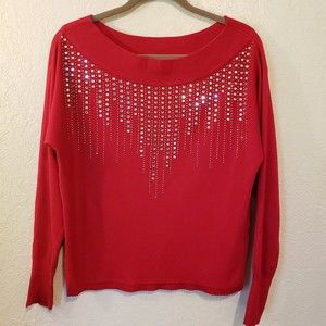 Vila Milani Women's Size Medium Red Wool Blend Rhinestones Pullover Sweater